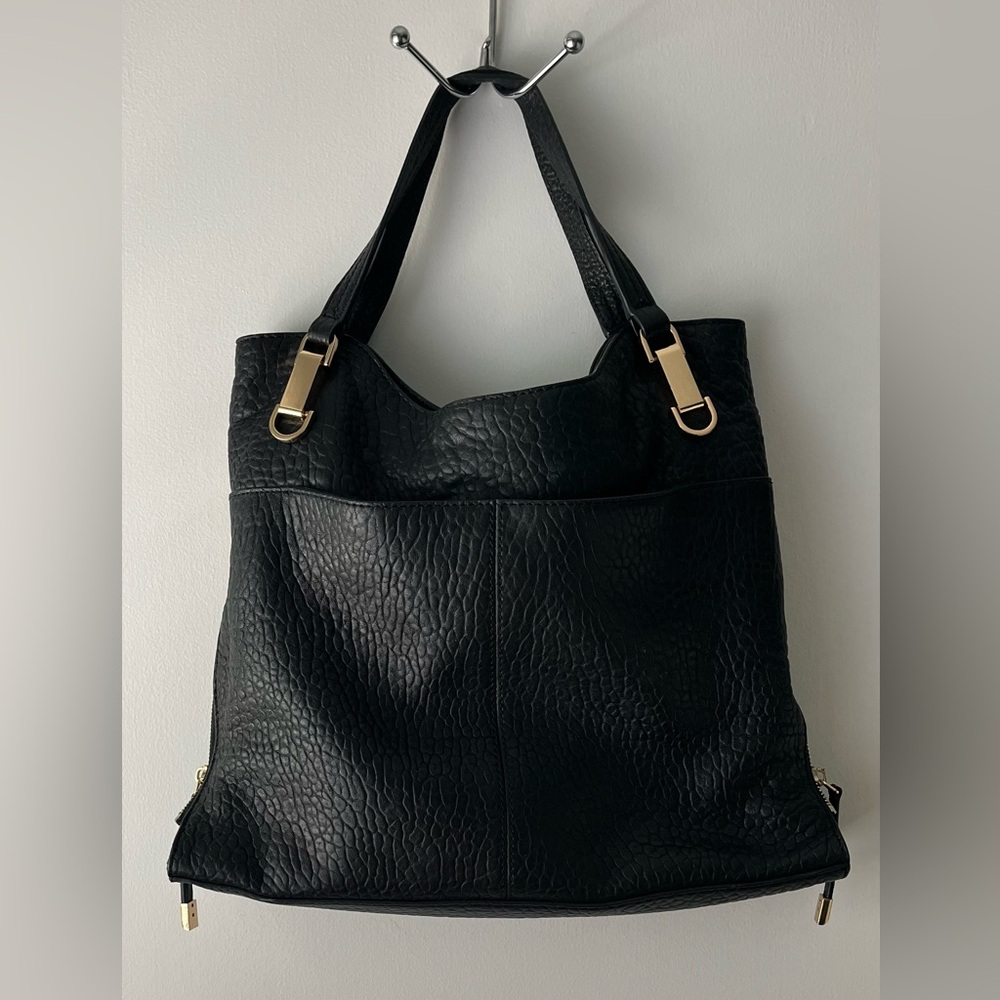 Vince Camuto Black Textured Leather Tote with Gold Hardware